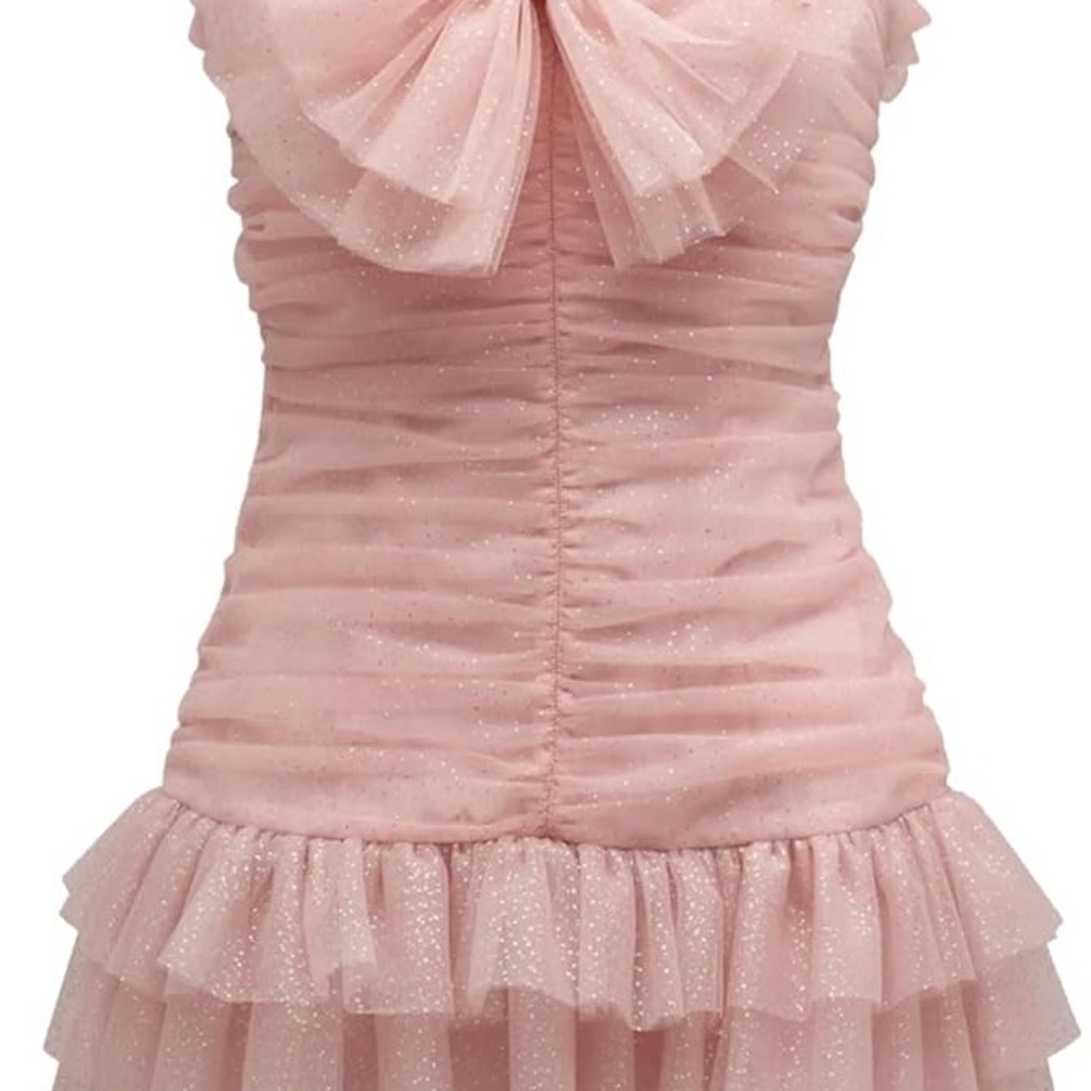 LoveShackFancy Strapless Pink Glitter Ruffle Tulle Dress
